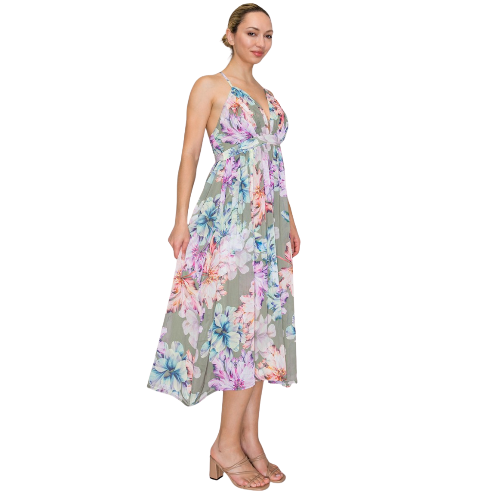 Vestido Midi Floral Tirantes Cruzados Espalda Descubierta