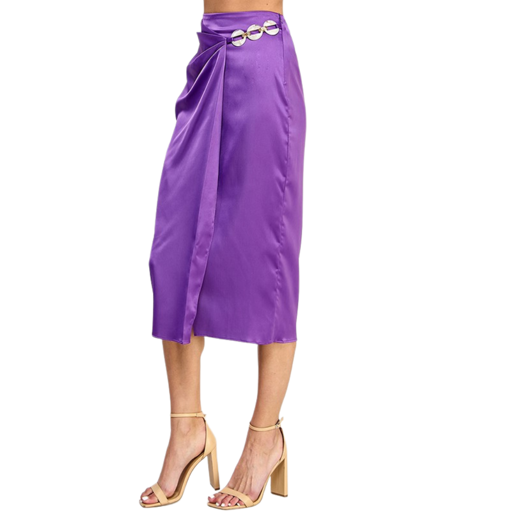 Falda midi morada satinada con drapeado