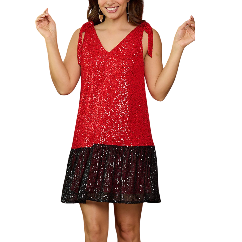 Vestido Rojo con Lentejuelas y Detalle Negro
