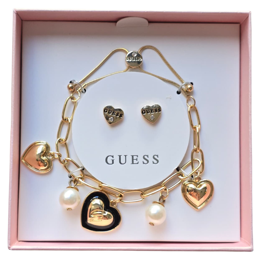 Set Guess Original Pulsera Ajustable Con Dijes Corazón + Aretes Dorados