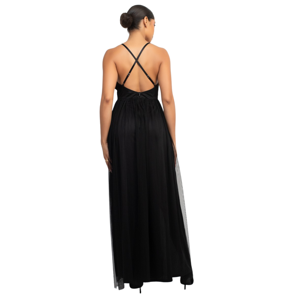 Vestido Largo Negro con Encaje y Tul