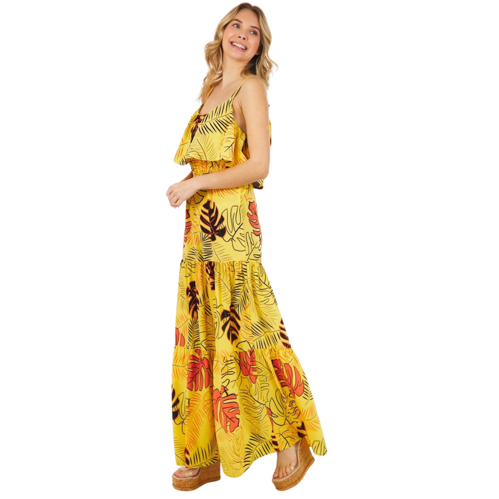 Jumpsuit largo amarillo estampado tropica