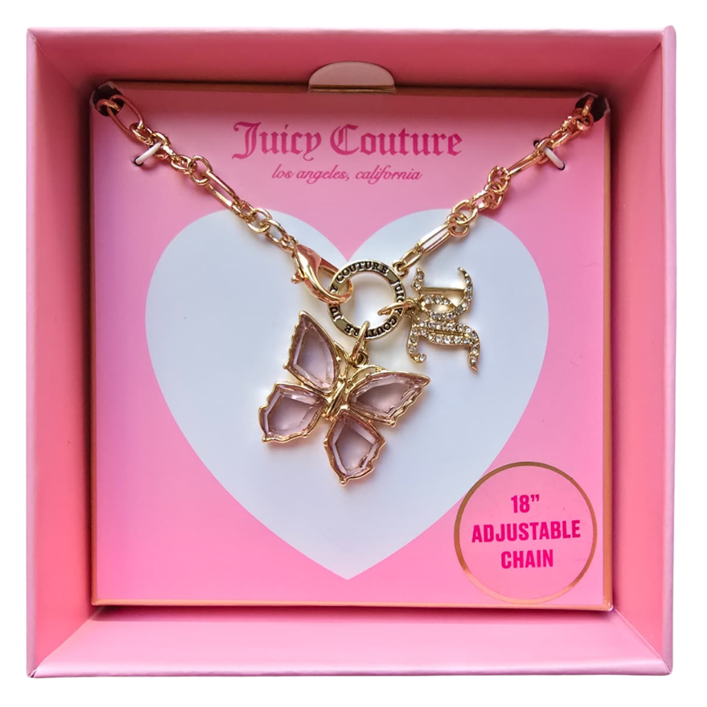 Collar Juicy Couture Original Mariposa Rosa con Cristales y Cadena Ajustable Dorada