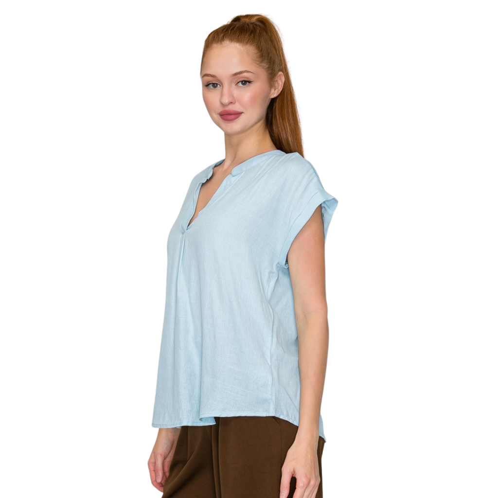 Blusa Azul Claro Básica Ligera Manga Corta Corte Fluido