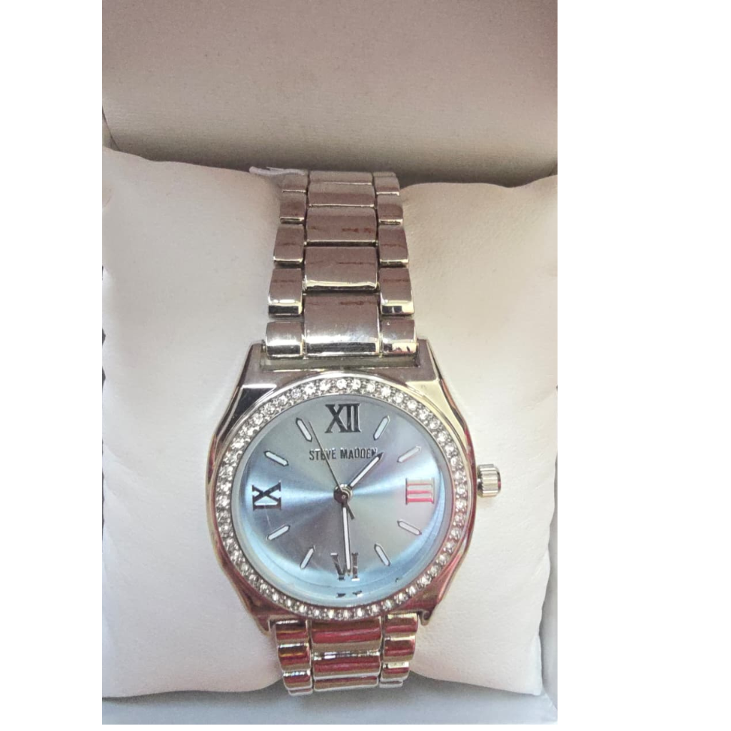 Reloj Steve Madden Original para Mujer Plateado con Carátula Azul y Cristales