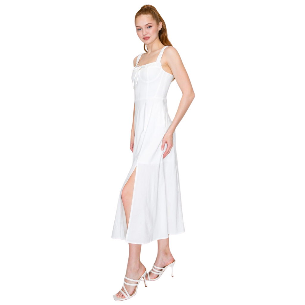 Vestido Blanco Midi con Corset y Abertura