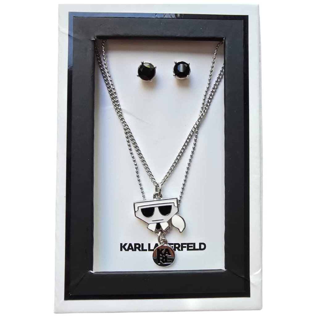 Set Karl Lagerfeld Original Collar Doble con Dije Ikonik Karl + Aretes Negros para Mujer