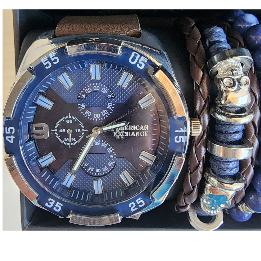 Set reloj American Exchange para hombre con pulseras azul y café