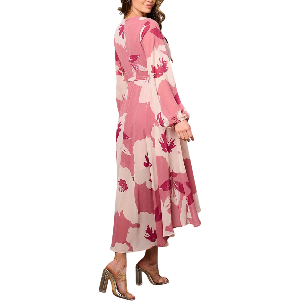 Vestido Largo Asimétrico Floral Rosa con Cinturón