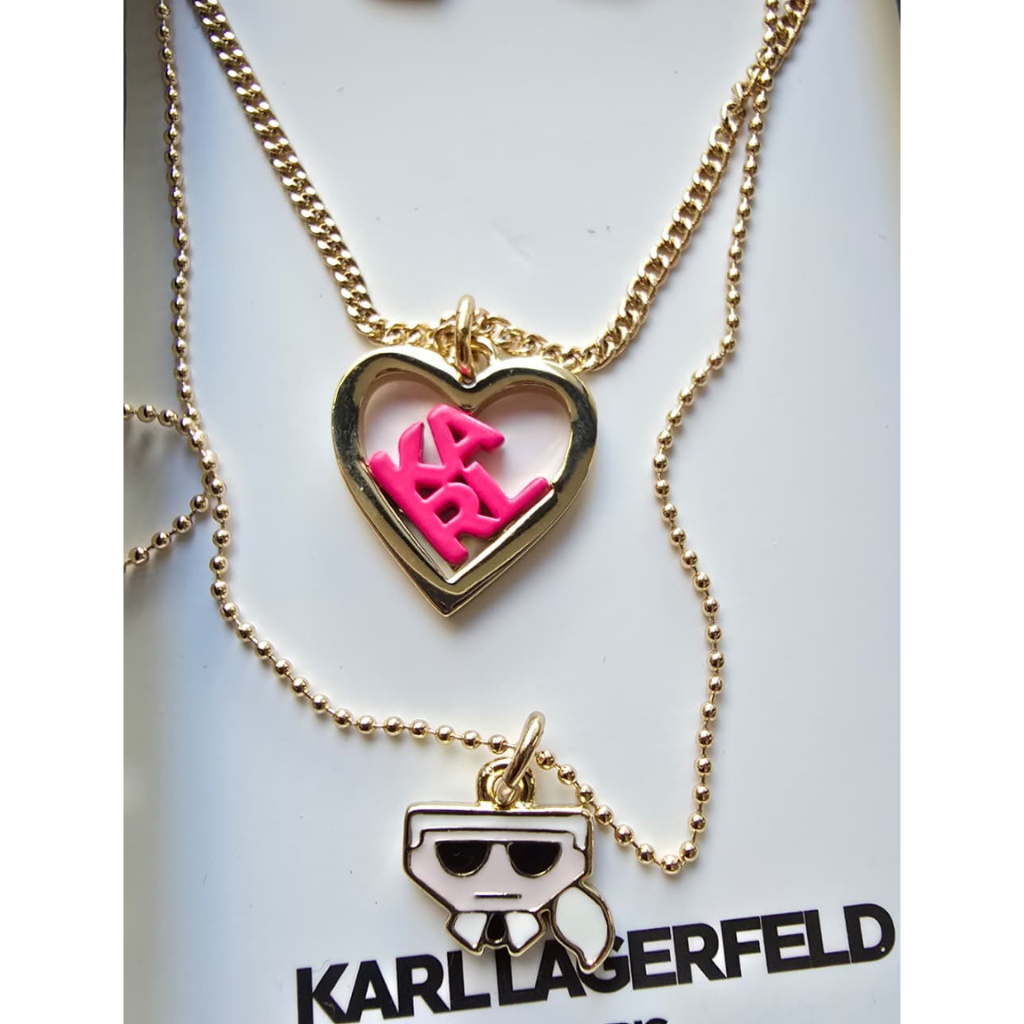 Set Karl Lagerfeld Original Collar Doble con Dije Corazón KARL + Aretes Corazón Rosa para Mujer