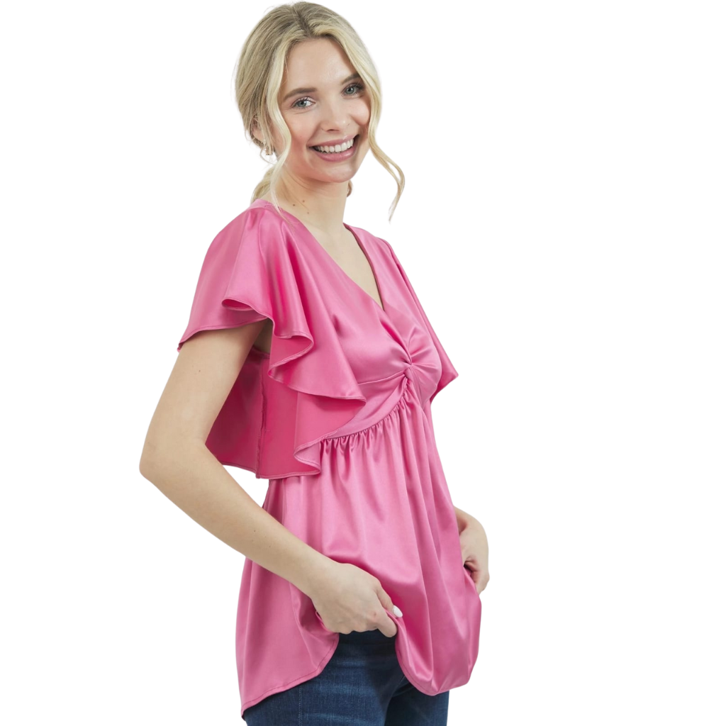 Blusa rosa satín con mangas amplias y espalda descubierta