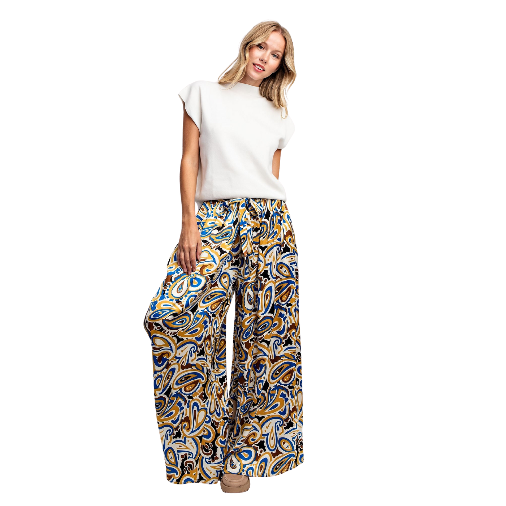 Pantalón Palazzo Estampado Retro Mostaza Azul