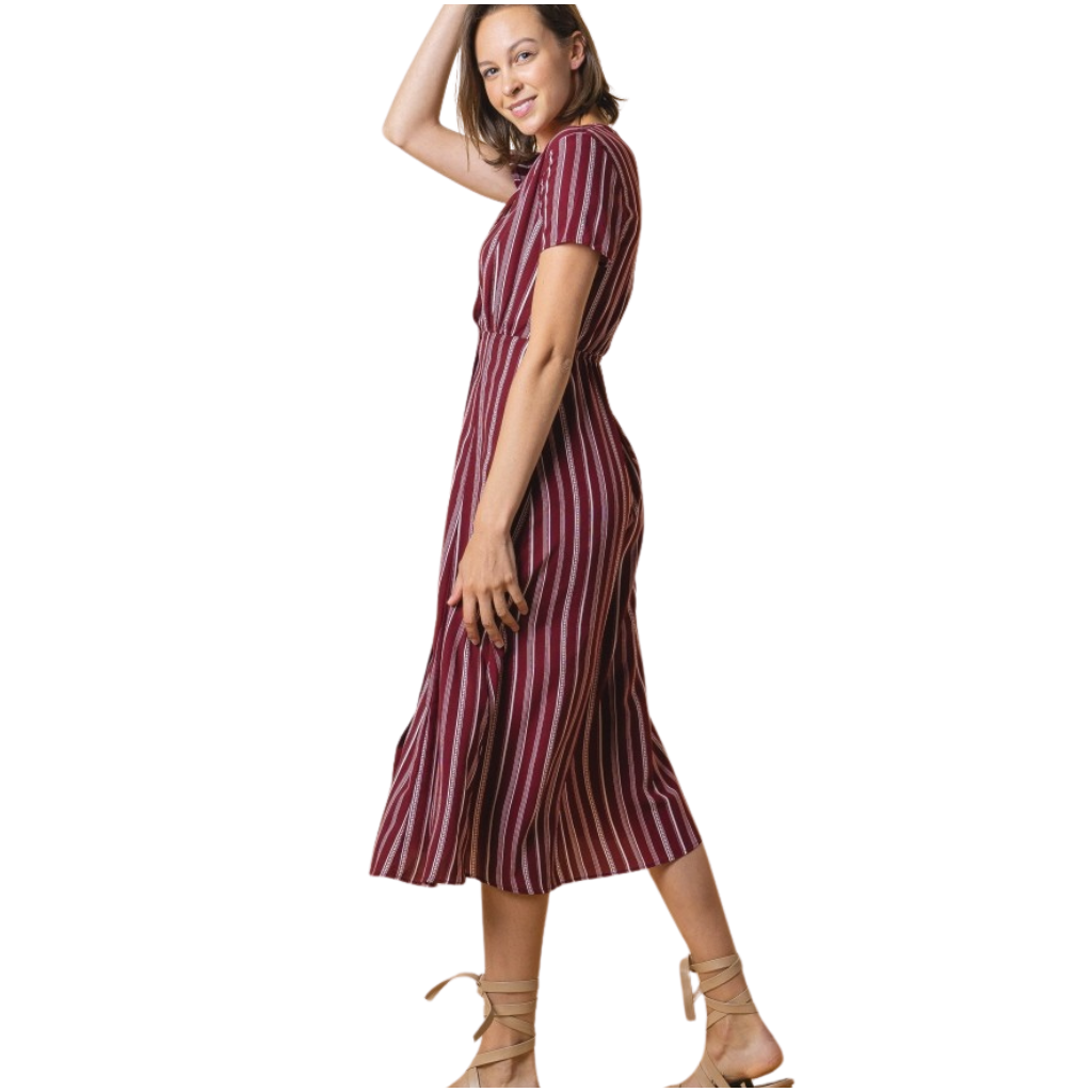 Vestido Midi Vino con Botones y Rayas Verticales