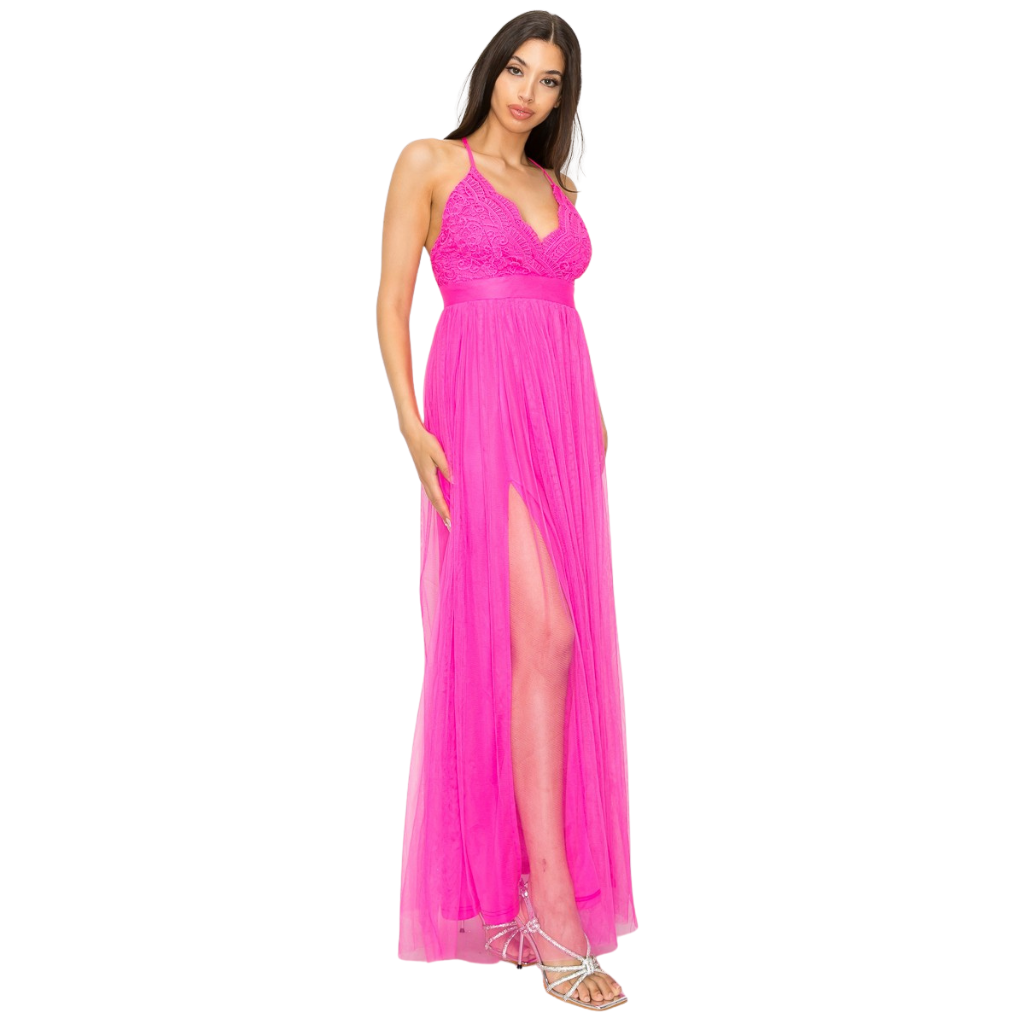 Vestido Largo Rosa Fucsia con Encaje y Abertura
