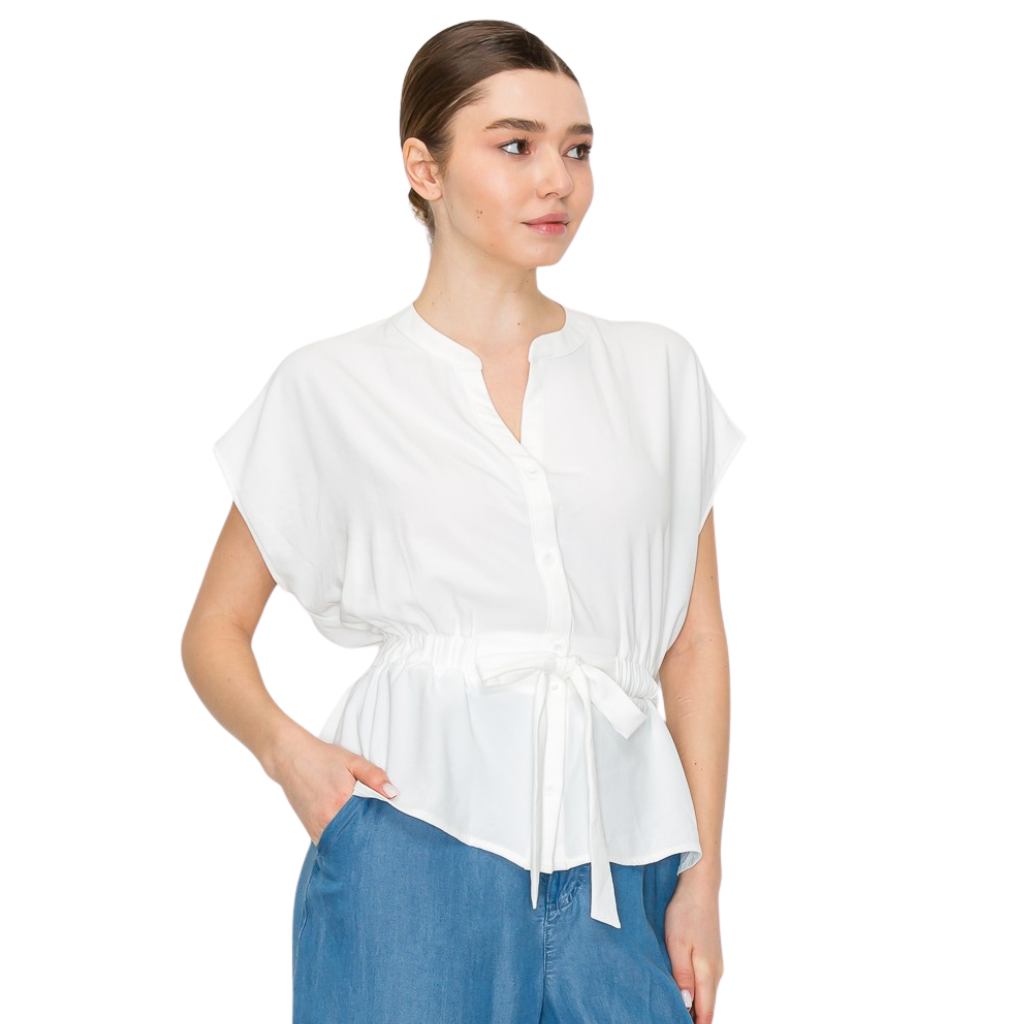 Blusa Blanca Ligera con Ajuste en Cintura Manga Corta Elegante