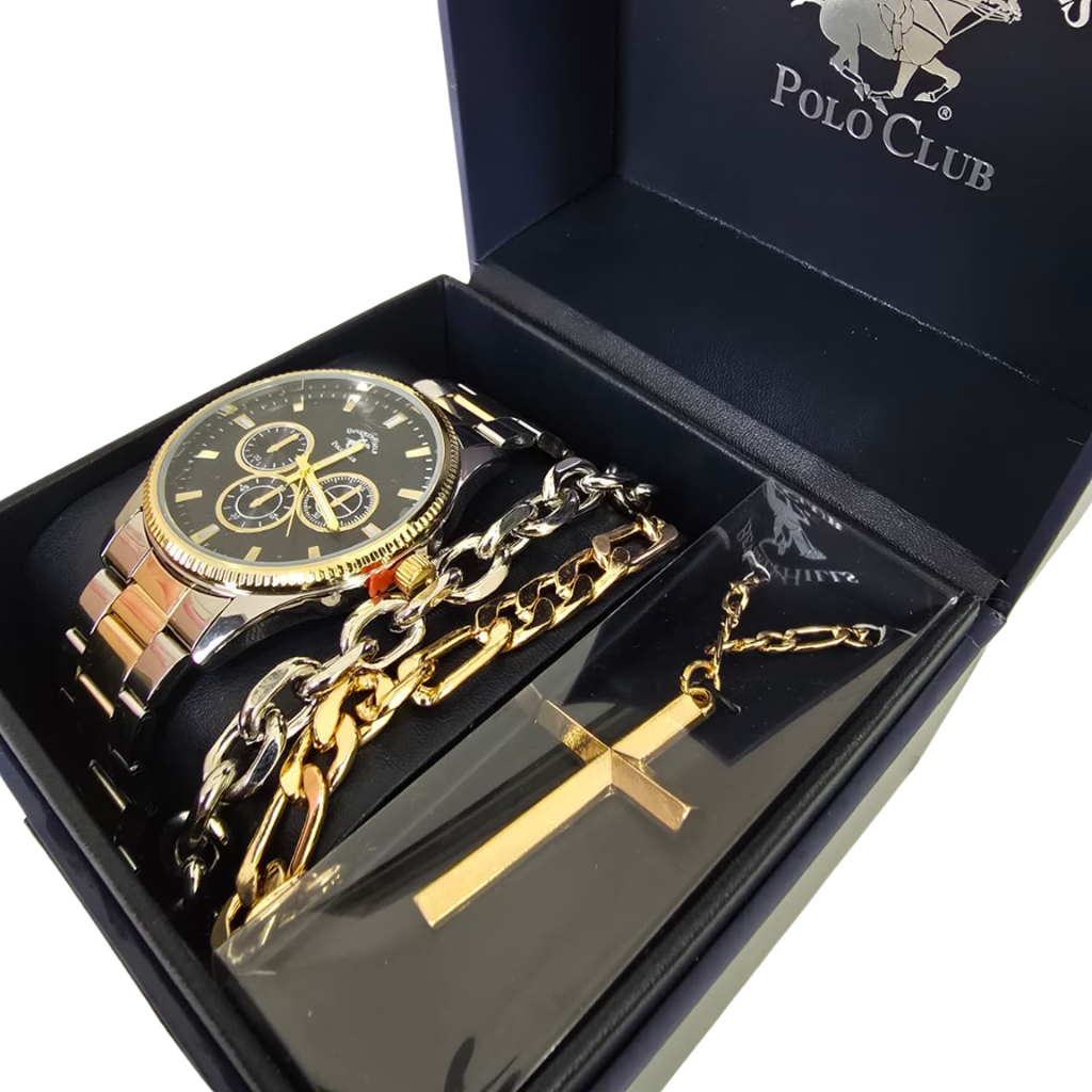 Set Beverly Hills Polo Club para Hombre con Reloj Bicolor, Pulseras y Collar con Cruz
