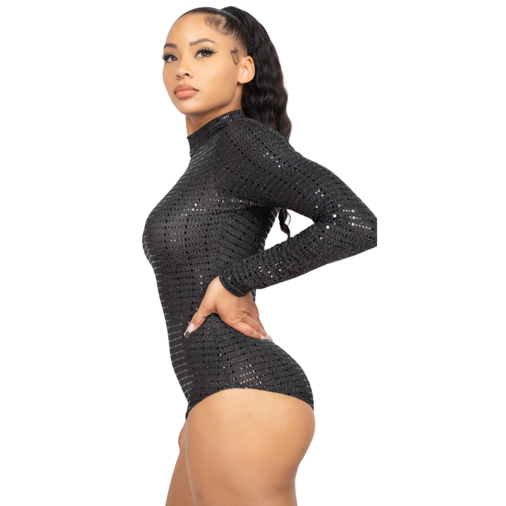 Bodysuit negro manga larga con brillos y cuello alto
