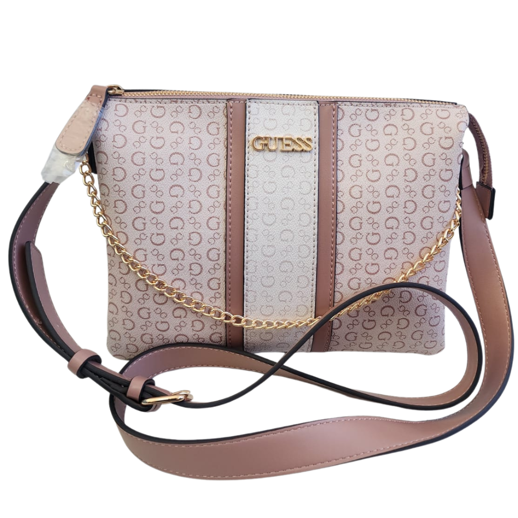 Bolsa Guess crossbody monograma beige / rosa con cadena dorada