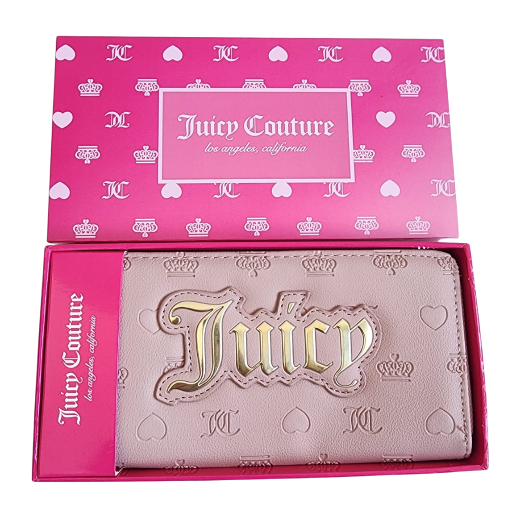 Cartera Juicy Couture original rosa con cierre y logo dorado