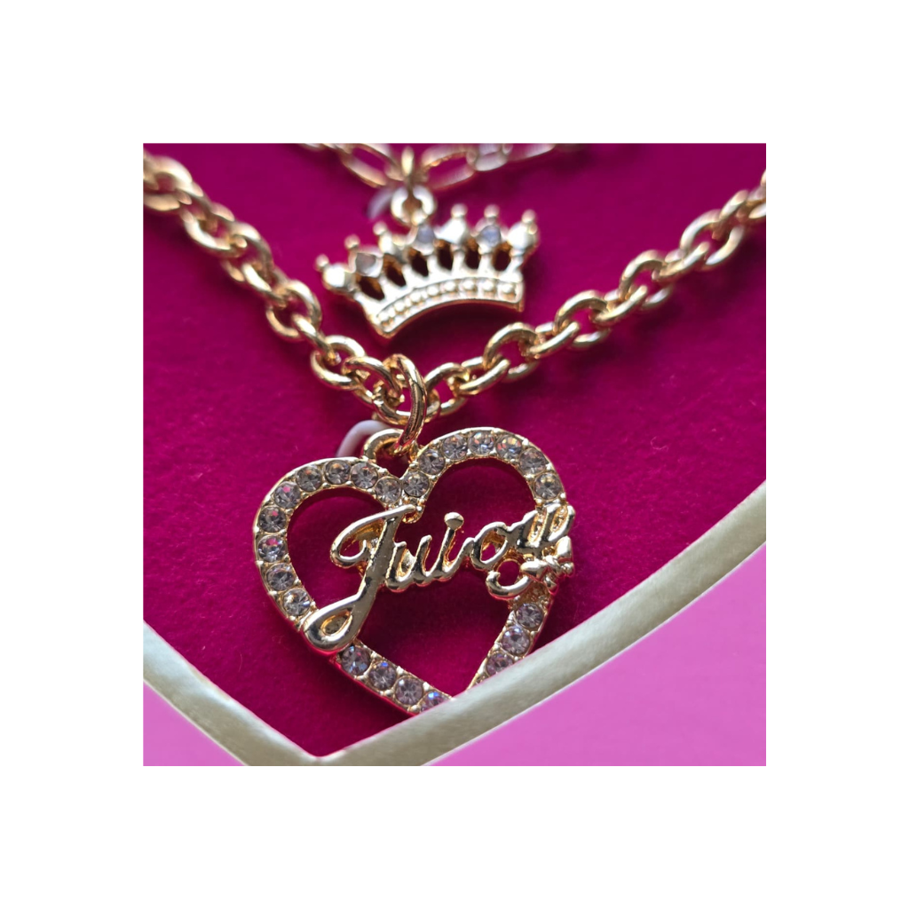 Set Juicy Couture Original Collar Doble + Aretes Dorados con Dije de Corazón y Corona