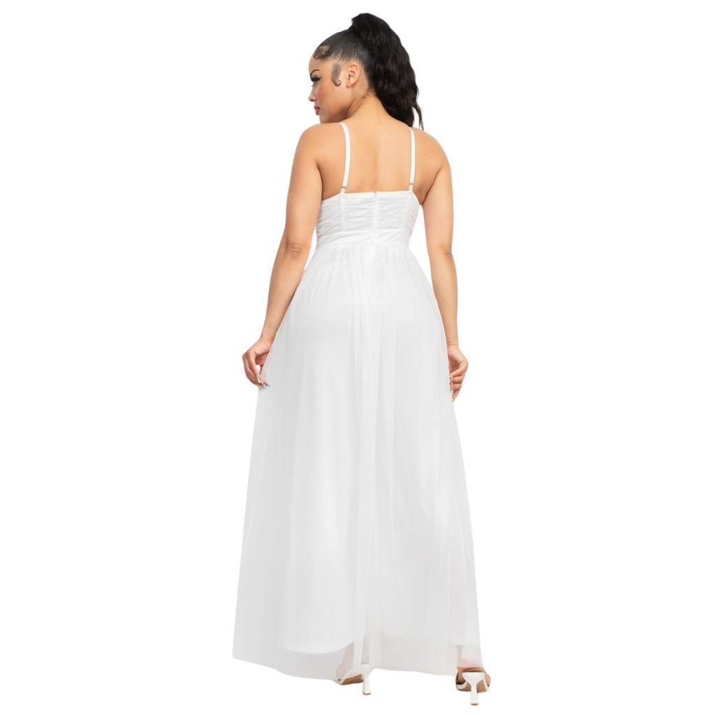Vestido largo blanco con corset y doble abertura