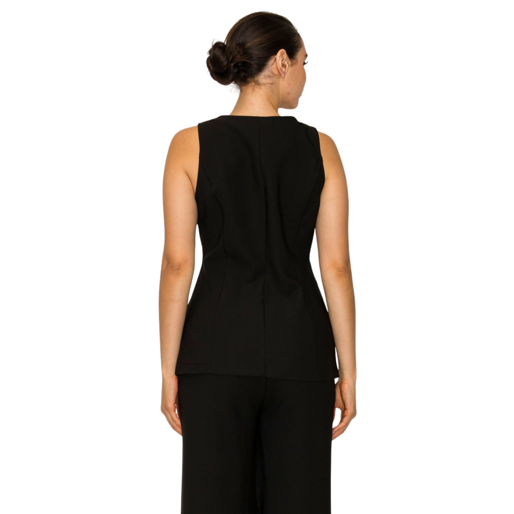 Blusa Negra Elegante sin Manga con Botones Metálicos