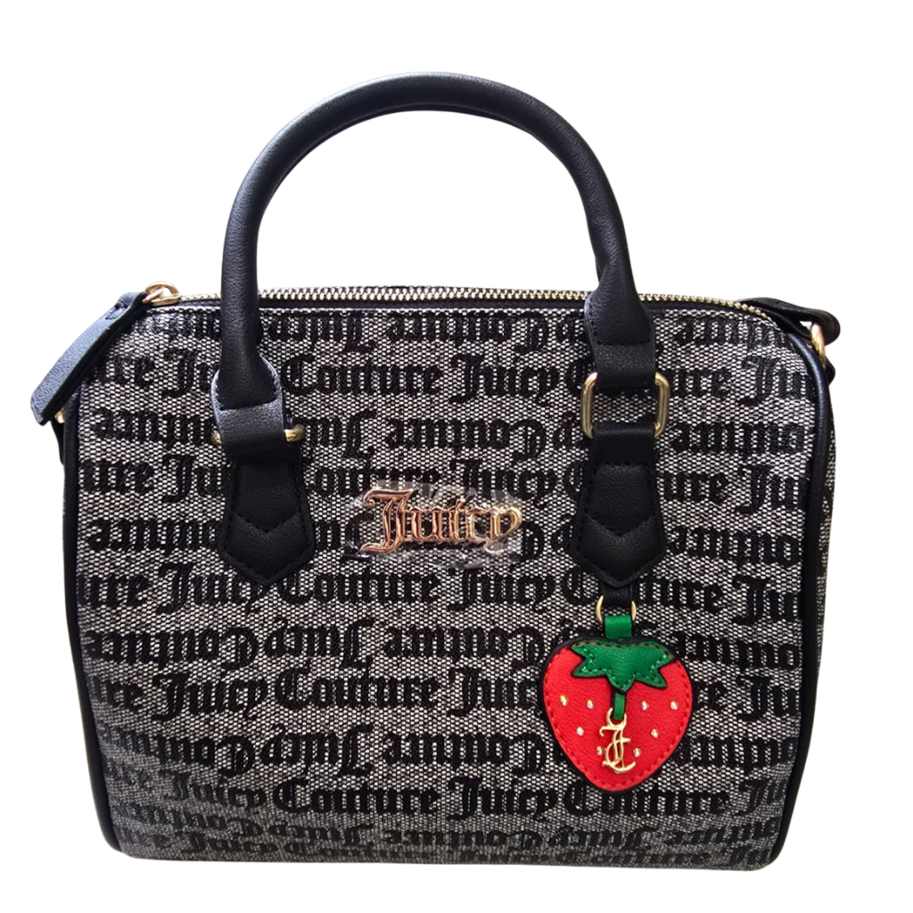 Bolsa Juicy Couture Satchel Negra con Monograma y Charm de Fresa