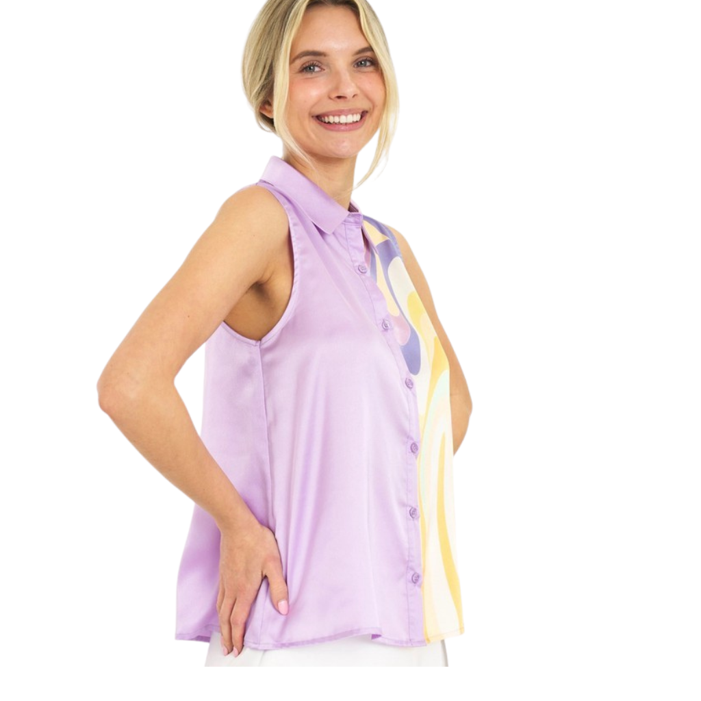 Blusa sin mangas lavanda con estampado