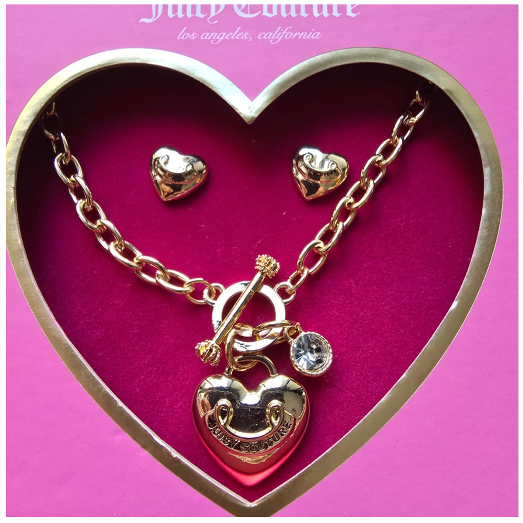Set Juicy Couture Original Collar con Dije de Corazón y Cristal + Aretes Dorados para Mujer