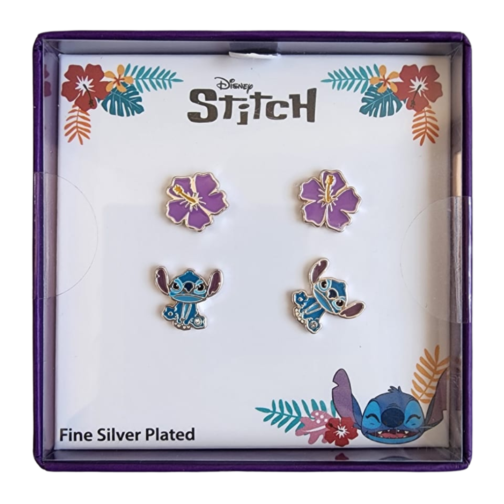 Set aretes Disney Stitch con diseño floral y Stitch plateado