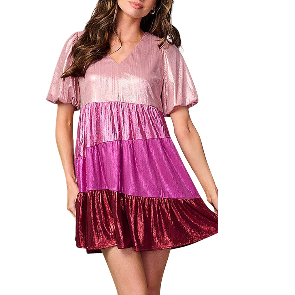 Vestido corto metálico en tonos rosa y vino