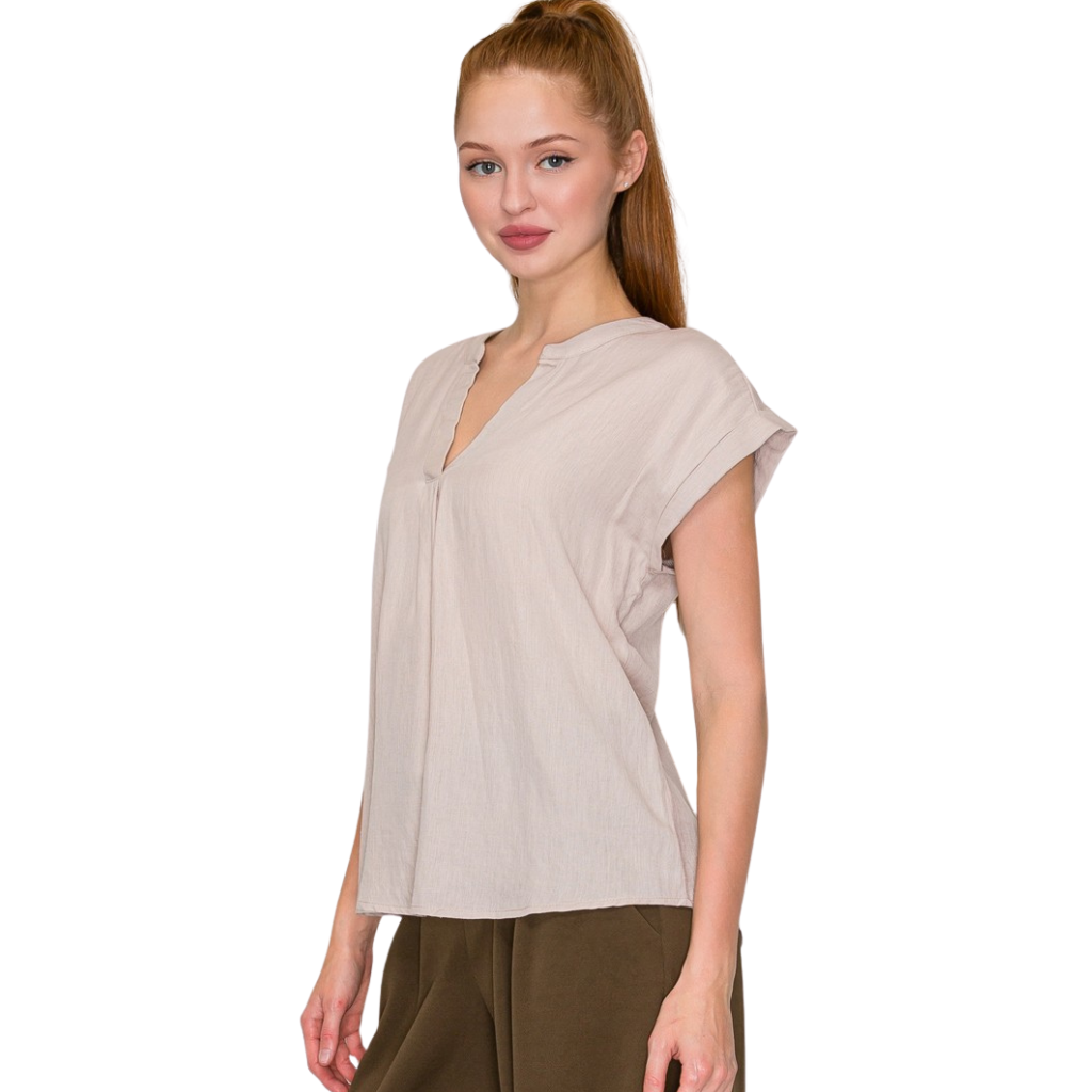 Blusa Beige Básica Suelta Manga Corta Cuello V