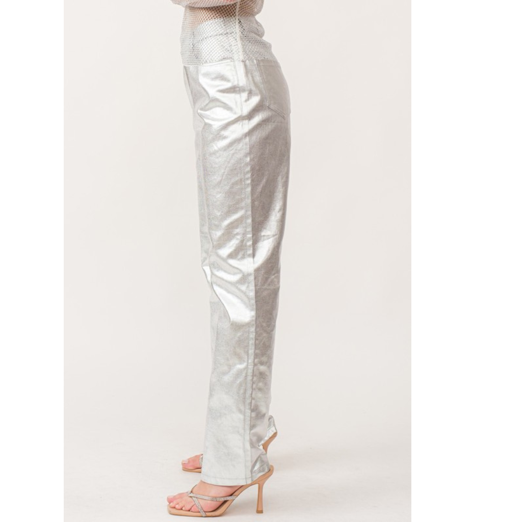 Pantalón metálico plateado recto