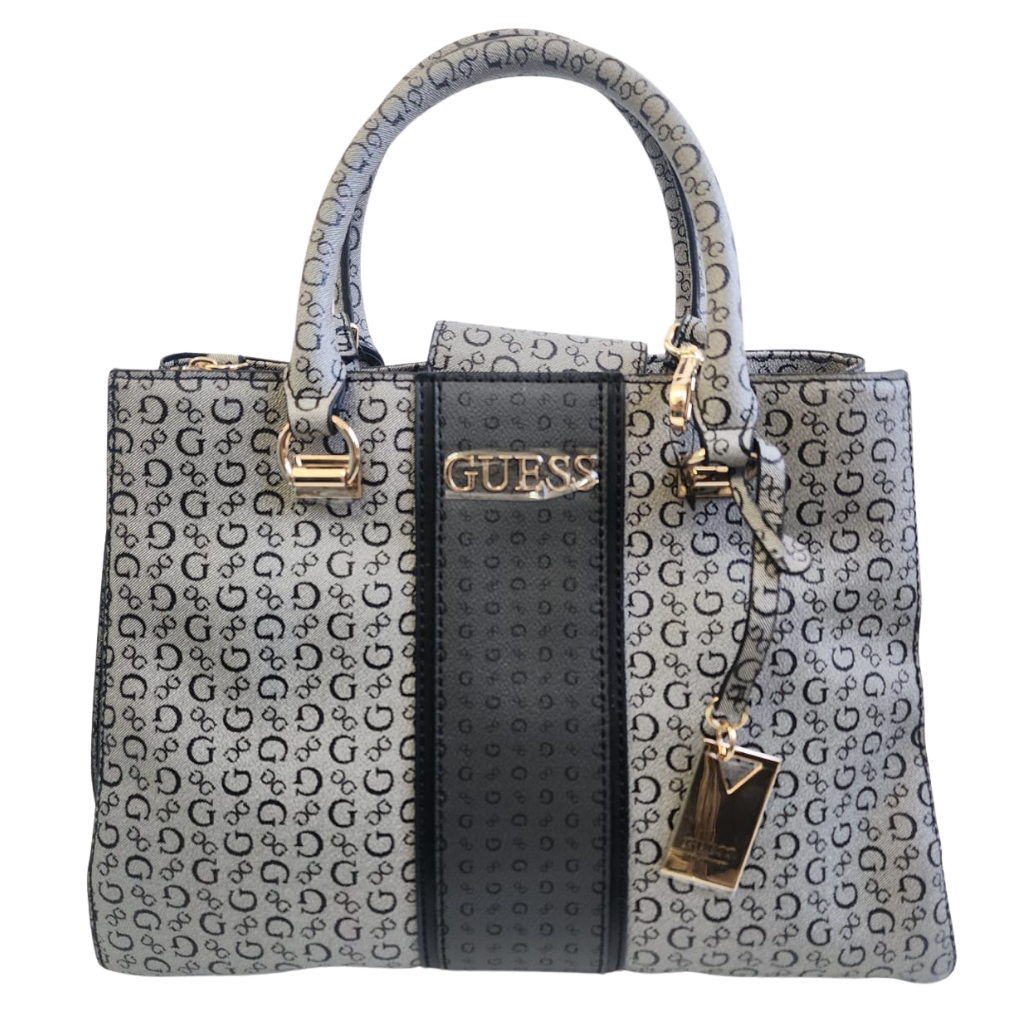 Bolsa Guess satchel monograma gris con correa larga