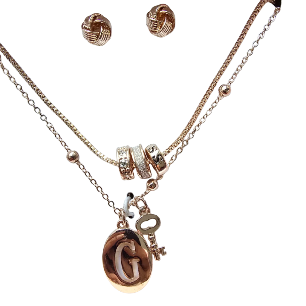 Set Guess Original Collar Doble con Dije G y Llave + Aretes Color Oro Rosa para Mujer