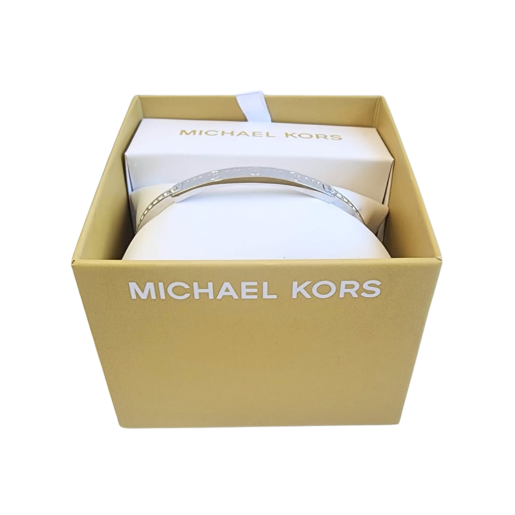 Pulsera Michael Kors plateada rígida con placa MK y cristales