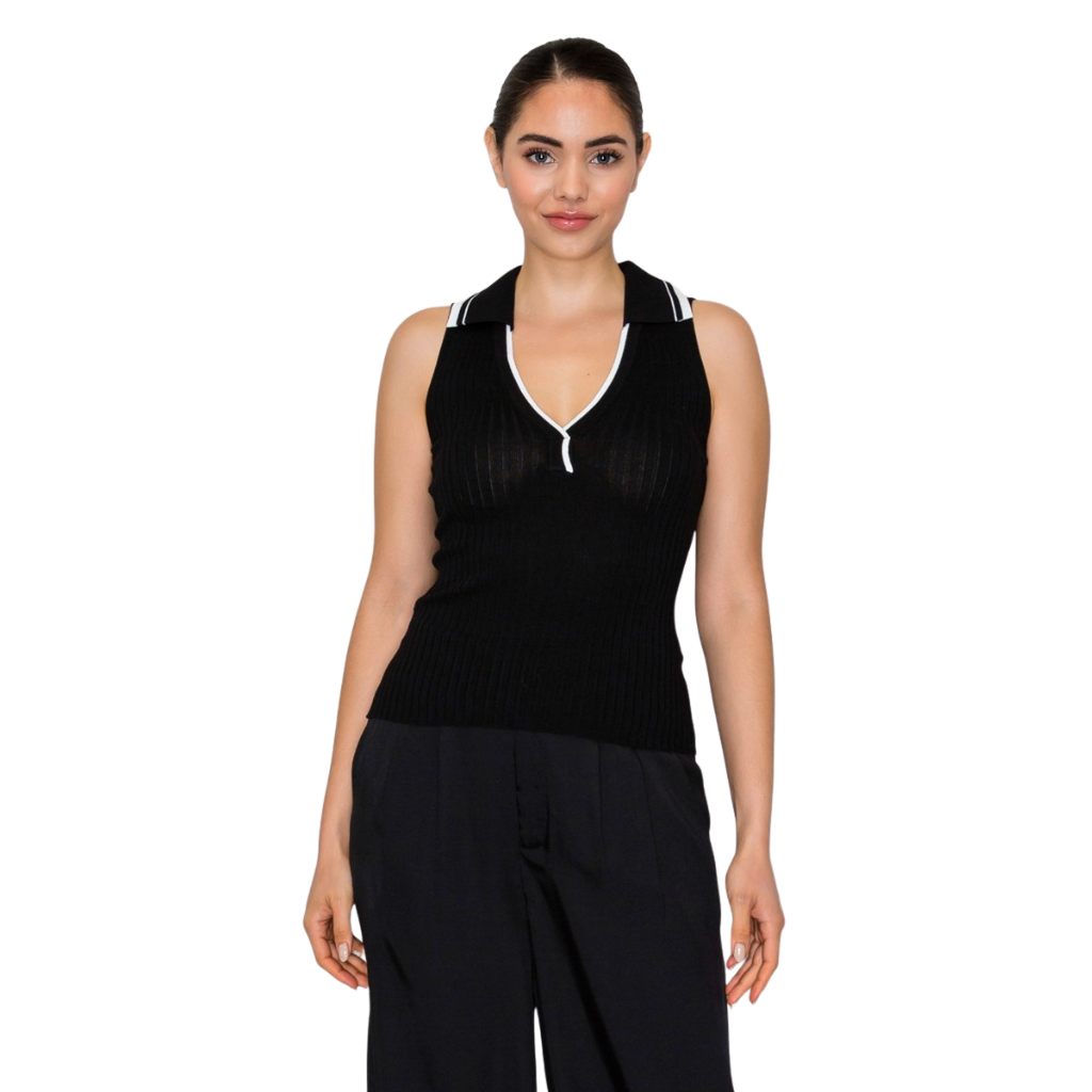 Blusa Negra Tejida Sin Manga Cuello Tipo Polo