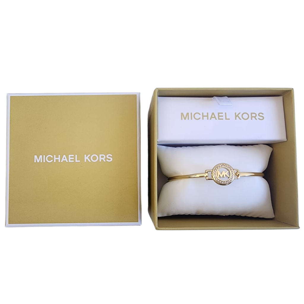 Pulsera rígida Michael Kors dorada con logo MK y cristales