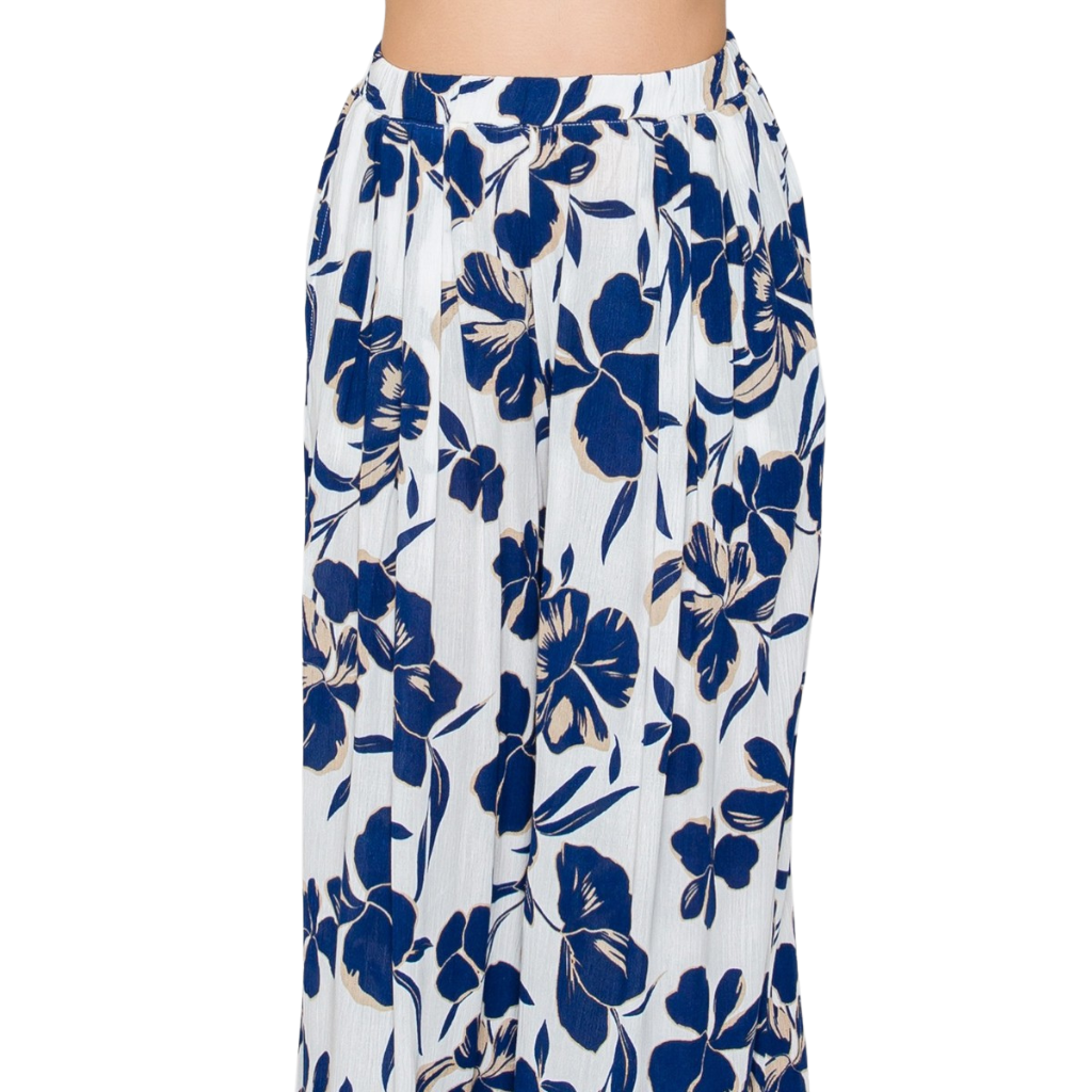 Pantalón Palazzo Blanco con Estampado Floral Azul