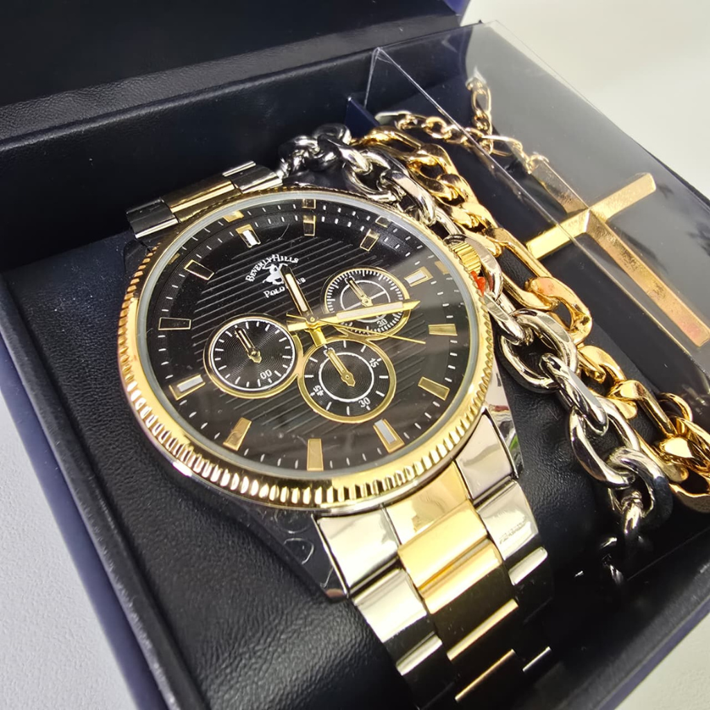 Set Beverly Hills Polo Club para Hombre con Reloj Bicolor, Pulseras y Collar con Cruz