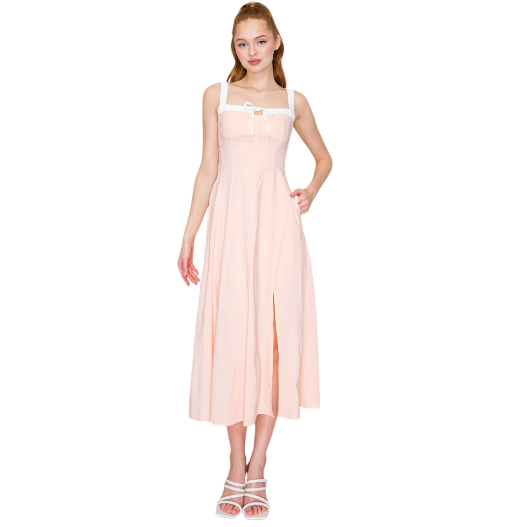 Vestido Midi Rosa Nude con Tirantes y Abertura Elegante