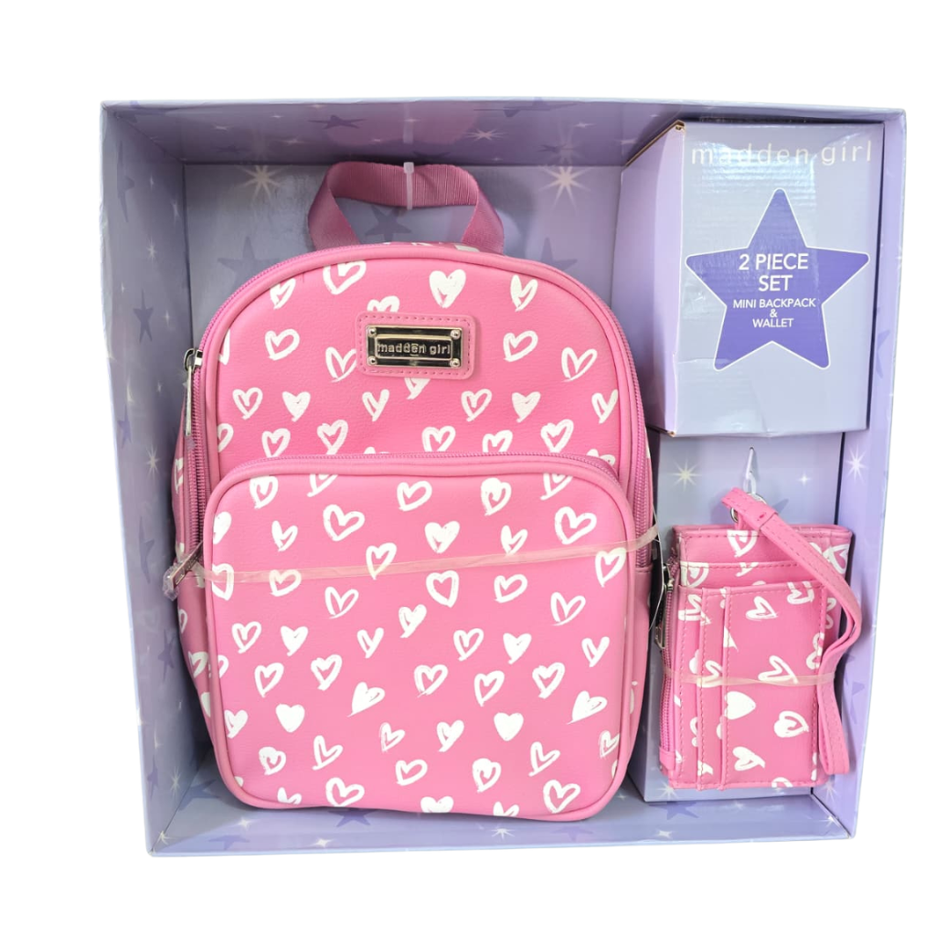 Set Madden Girl Mini Mochila y Cartera Rosa con Corazones – 2 Piezas