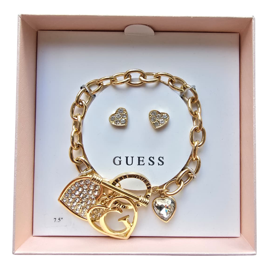 Set Guess Original Pulsera con Dijes Corazón Cristales + Aretes Dorados en Caja Original