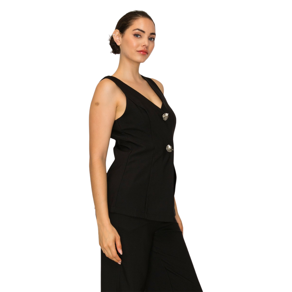 Blusa Negra Elegante sin Manga con Botones Metálicos