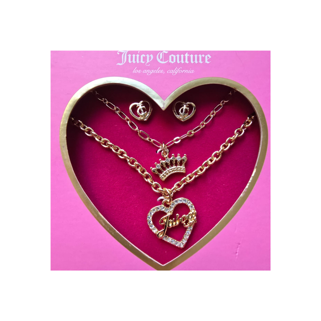 Set Juicy Couture Original Collar Doble + Aretes Dorados con Dije de Corazón y Corona