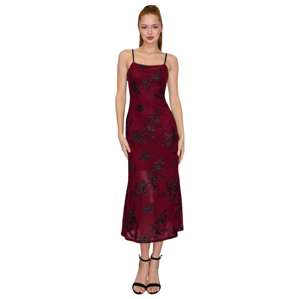 Vestido Midi Rojo con Aplicaciones Bordadas