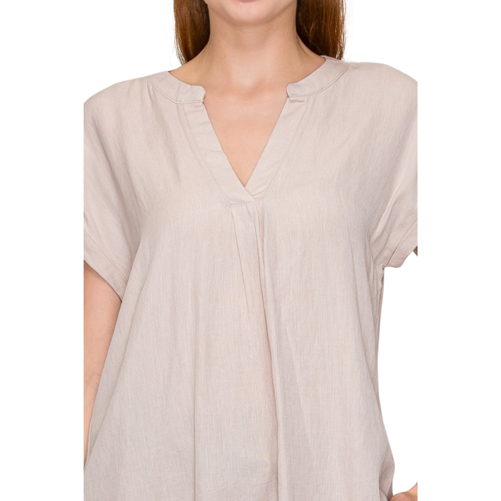 Blusa Beige Básica Suelta Manga Corta Cuello V