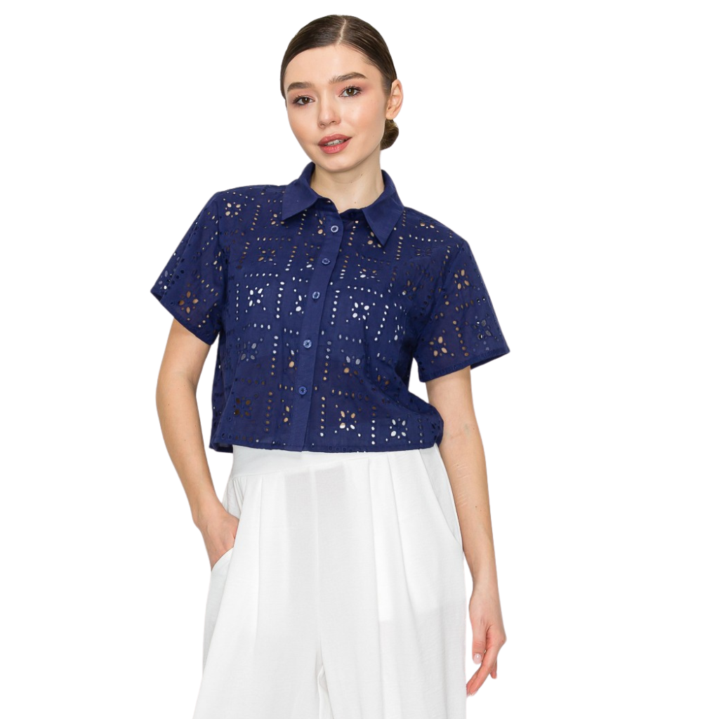 Blusa Azul Bordada Tipo Eyelet Manga Corta Elegante