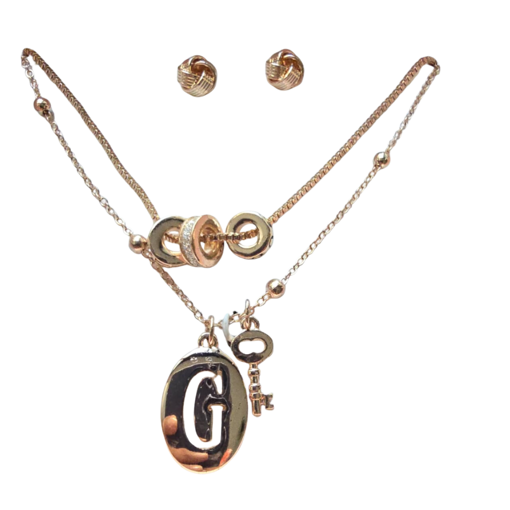 Set Guess Original Collar Doble con Dije G y Llave + Aretes Color Oro Rosa para Mujer