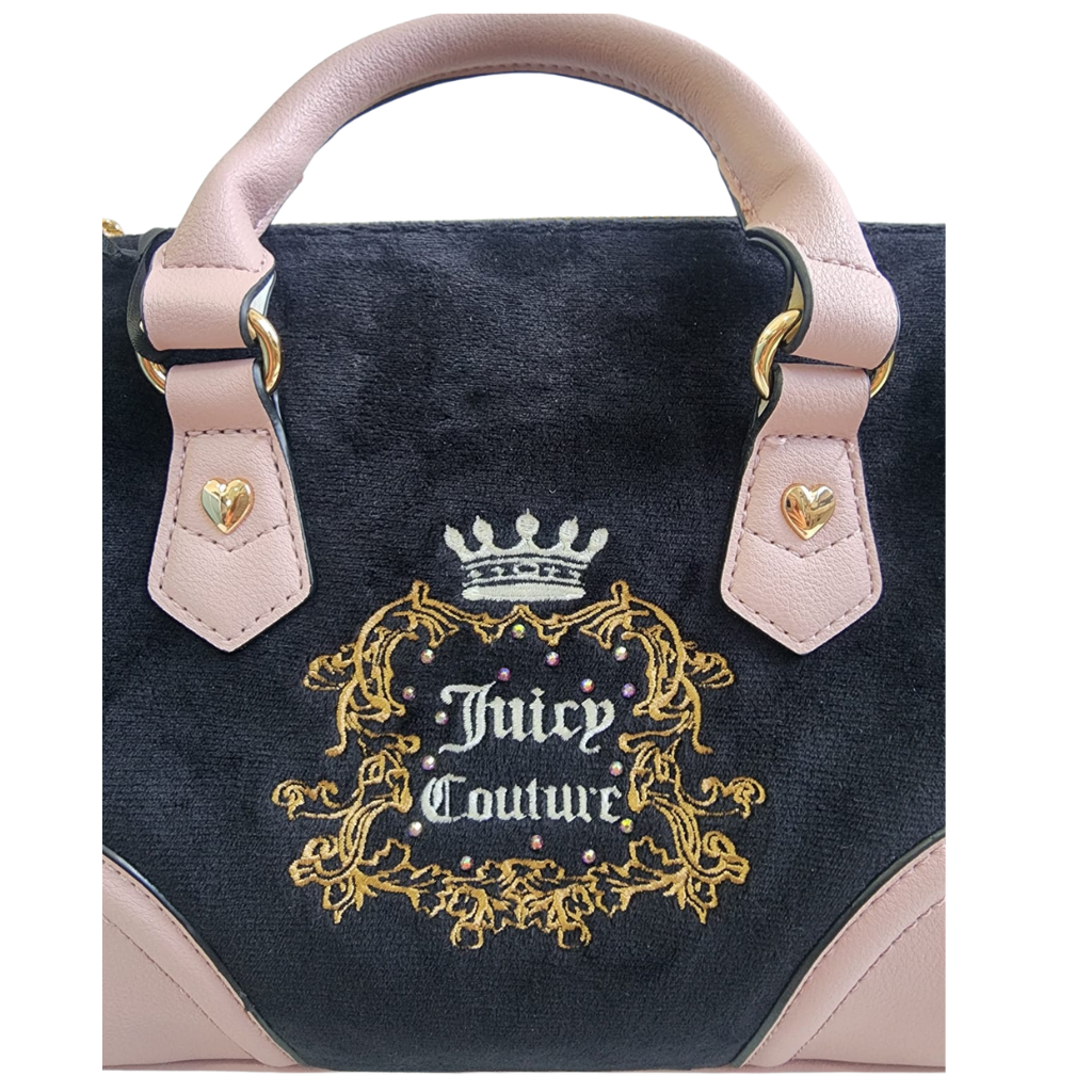 Bolsa Juicy Couture Velvet Satchel Negro y Rosa con Correa Ajustable